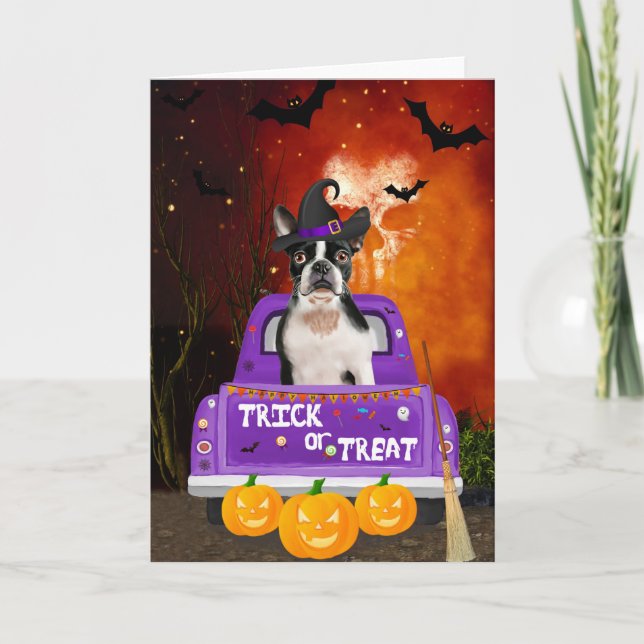 Boston Terrier Hund i Halloween Lastbil Kort (Framsida)