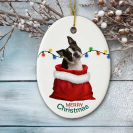 Boston Terrier Hund i Helgdag Gift Bag Julgransprydnad Keramik