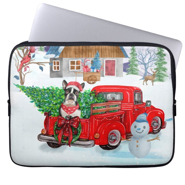 Boston Terrier hund i julleveransen Lastbil Laptop Fodral (Framsidan)