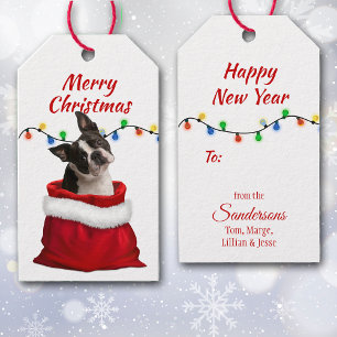 Boston Terrier Hund i Santa Bag Presentetikett