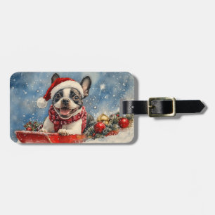 Boston Terrier Hund i Släde Låt det Snöa Jul Bagagebricka