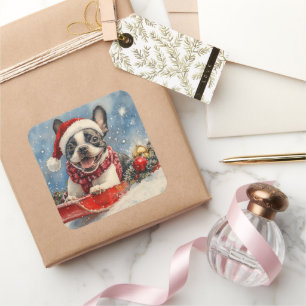 Boston Terrier Hund i Släde Låt det Snöa Jul Fyrkantigt Klistermärke