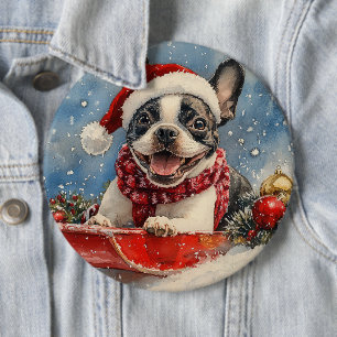 Boston Terrier Hund i Släde Låt det Snöa Jul Knapp
