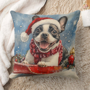 Boston Terrier Hund i Släde Låt det Snöa Jul Kudde