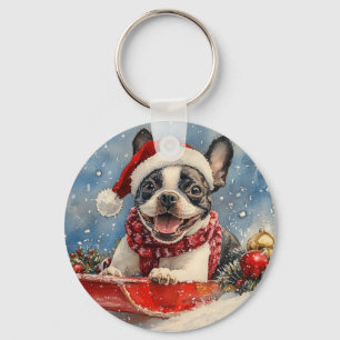 Boston Terrier Hund i Släde Låt det Snöa Jul Nyckelring
