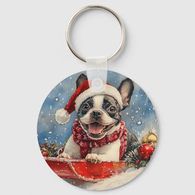 Boston Terrier Hund i Släde Låt det Snöa Jul Nyckelring (Framsida)