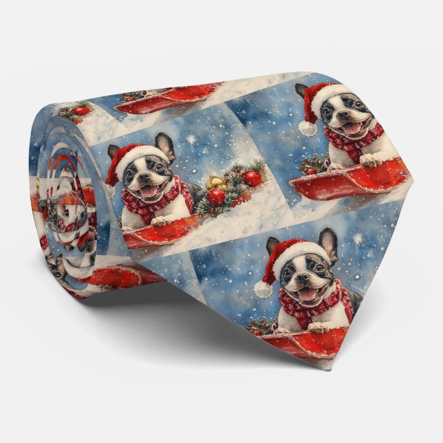 Boston Terrier Hund i släde Låt det snöa jul Slips (Rullad)