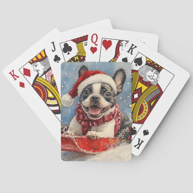 Boston Terrier Hund i Sledge Låt det snöa jul Casinokort (Baksidan)