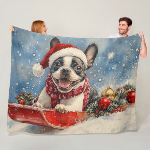Boston Terrier Hund i Sledge Låt det snöa jul Fleecefilt