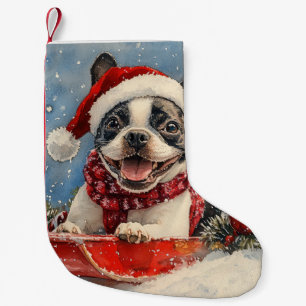 Boston Terrier Hund i Sledge Låt det snöa jul Liten Julstrumpa