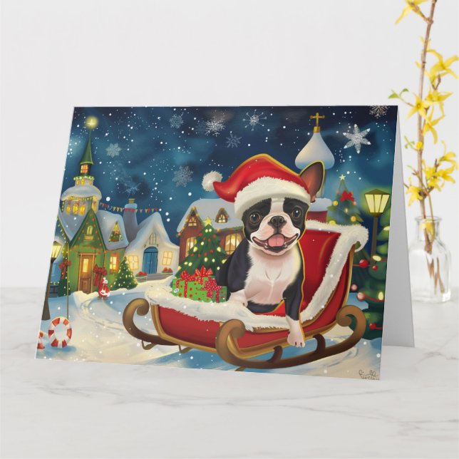 Boston Terrier Hund i Sleigh Snö jul Kort (Gul blomma)