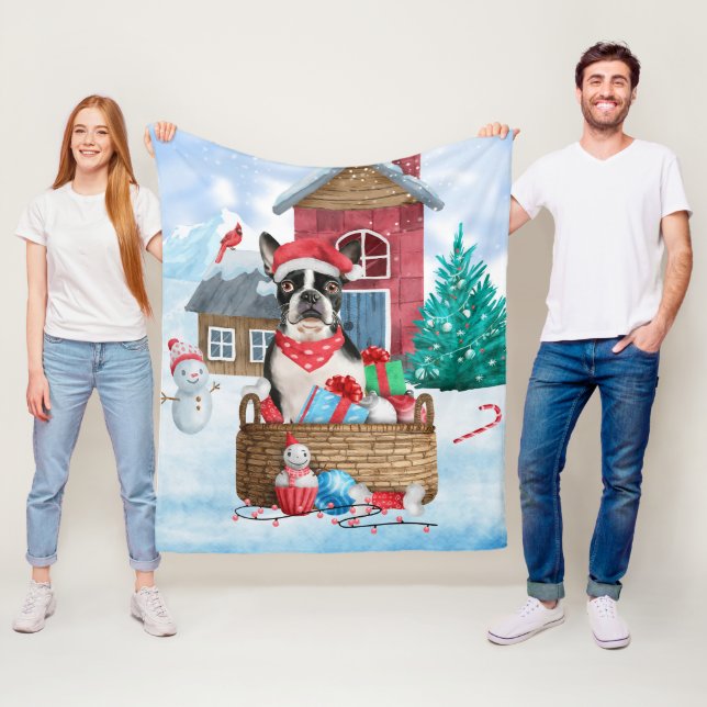 Boston Terrier Hund I snö Hund House Fleecefilt (På plats)