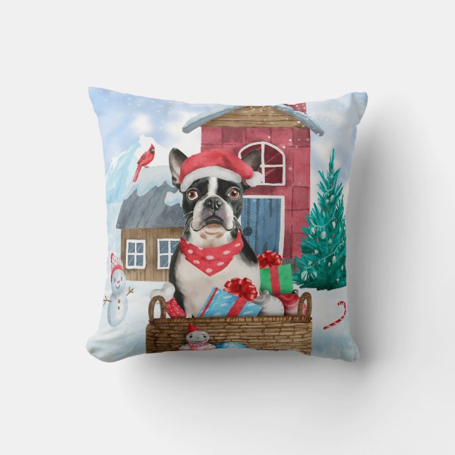Boston Terrier Hund I snö Hund House Kudde (Framsida)