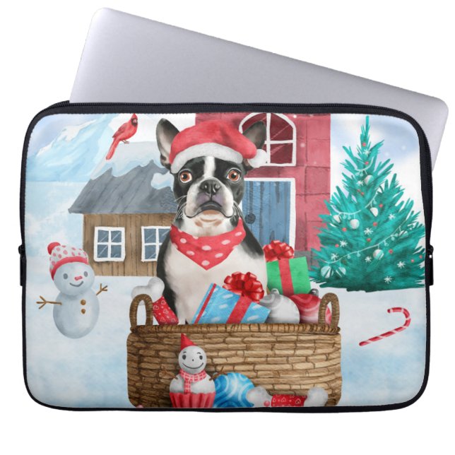 Boston Terrier Hund I snö Hund House Laptop Fodral (Framsidan)