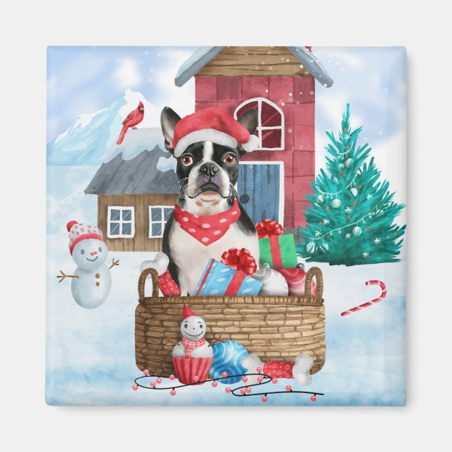 Boston Terrier Hund I snö Hund House Magnet (Framsidan)