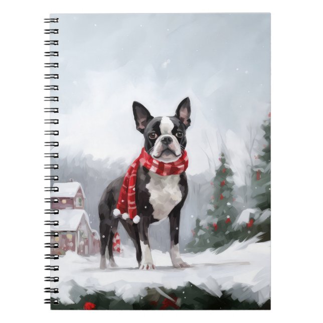 Boston Terrier Hund i Snö jul Anteckningsbok (Framsidan)