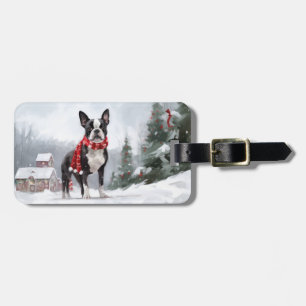 Boston Terrier Hund i Snö Jul  Bagagebricka
