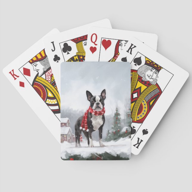 Boston Terrier Hund i Snö jul Casinokort (Baksidan)