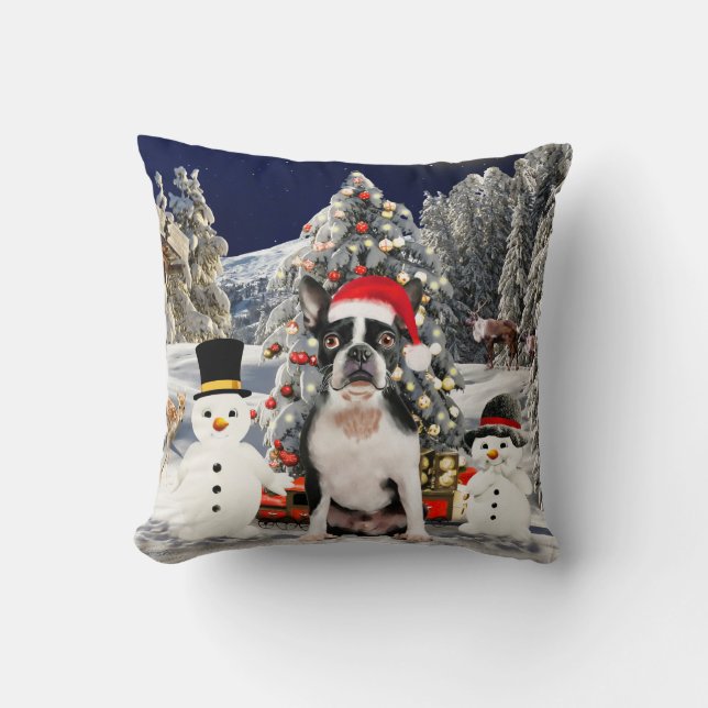 Boston Terrier Hund i Snö jul Hat Ljus Kudde (Framsida)