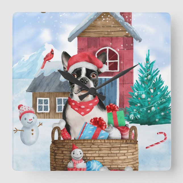 Boston Terrier Hund i snö Jul Hund Hus Fyrkantig Klocka (Framsida)