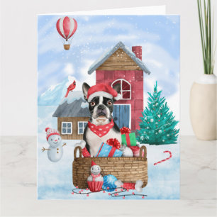 Boston Terrier Hund I snö Jul Hund Hus Kort