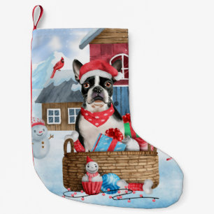 Boston Terrier Hund I snö Jul Hund Hus Liten Julstrumpa