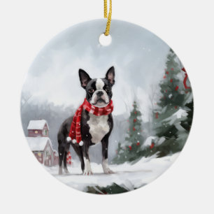 Boston Terrier Hund i Snö jul Julgransprydnad Keramik