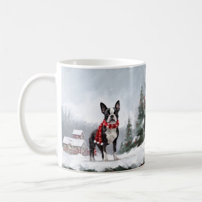 Boston Terrier Hund i Snö jul Kaffemugg (Vänster)