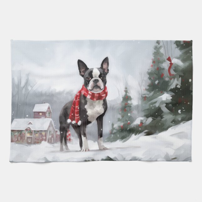 Boston Terrier Hund i Snö jul Kökshandduk (Horisontell)