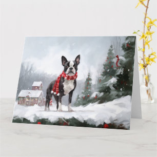 Boston Terrier Hund i Snö jul Kort