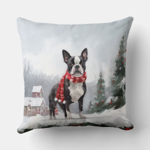 Boston Terrier Hund i Snö jul Kudde