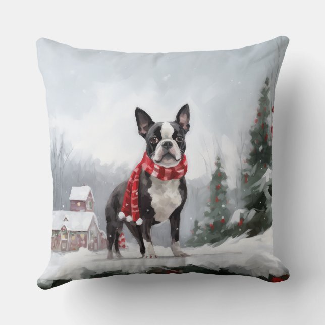 Boston Terrier Hund i Snö jul Kudde (Baksida)