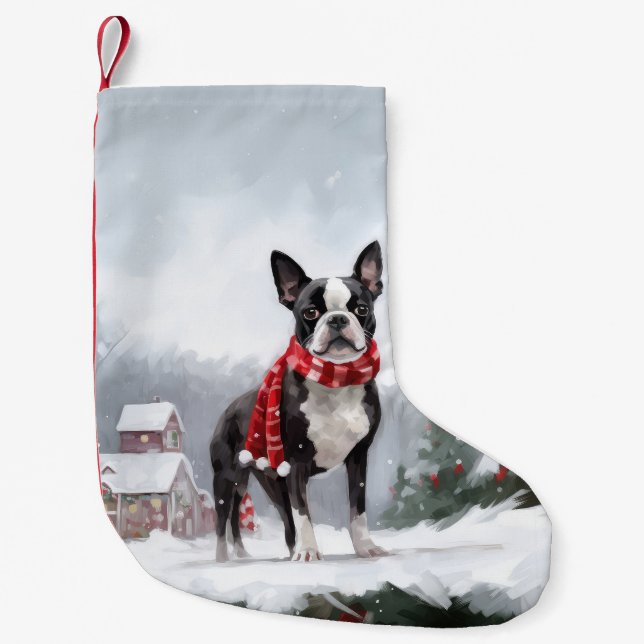 Boston Terrier Hund i Snö jul Liten Julstrumpa (Framsidan)