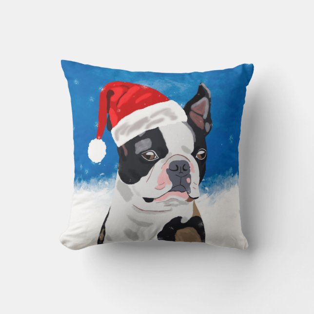 Boston Terrier Hund i Snö jul Lycklig Helgdag Kudde (Framsida)
