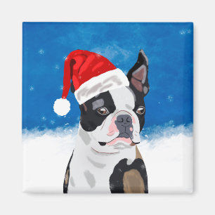 Boston Terrier Hund i Snö jul Lycklig Helgdag Magnet