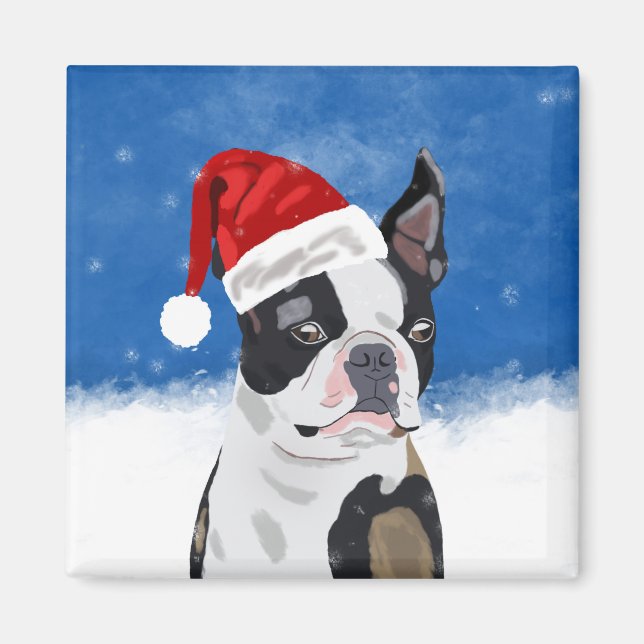 Boston Terrier Hund i Snö jul Lycklig Helgdag Magnet (Framsidan)