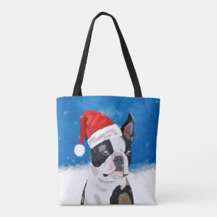 Boston Terrier Hund i Snö jul Lycklig Helgdag Tygkasse