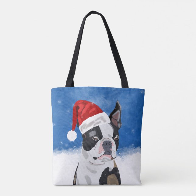 Boston Terrier Hund i Snö jul Lycklig Helgdag Tygkasse (Baksida)