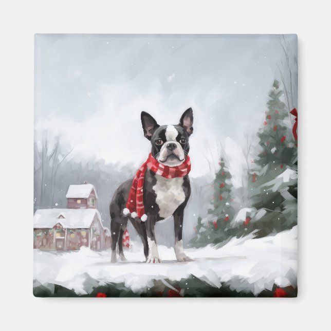 Boston Terrier Hund i Snö jul Magnet (Framsidan)
