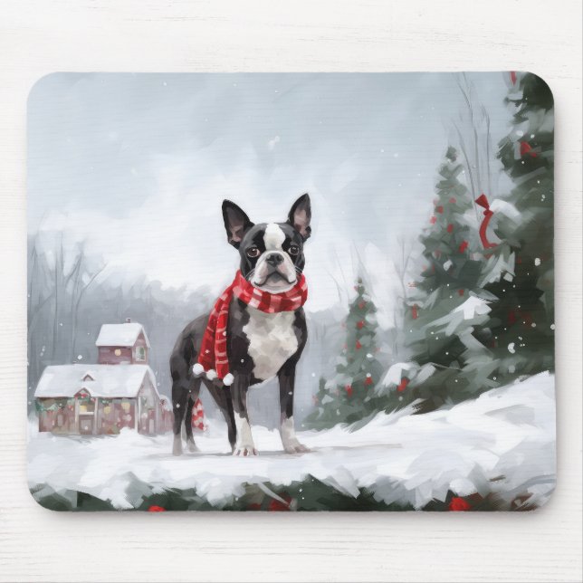 Boston Terrier Hund i Snö jul Musmatta (Framsidan)