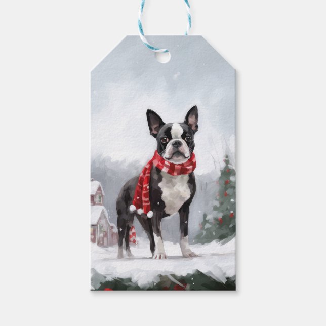 Boston Terrier Hund i Snö jul Presentetikett (Framsidan)