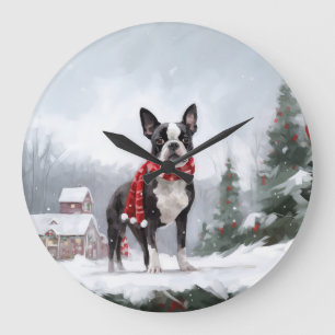 Boston Terrier Hund i Snö jul Stor Klocka