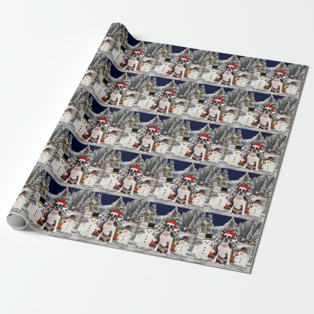 Boston Terrier Hund i Snö jultomten Hat Presentpapper (Utrullad)