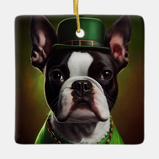Boston Terrier hund i St. Patrick Dress Julgransprydnad Keramik (Framsida)