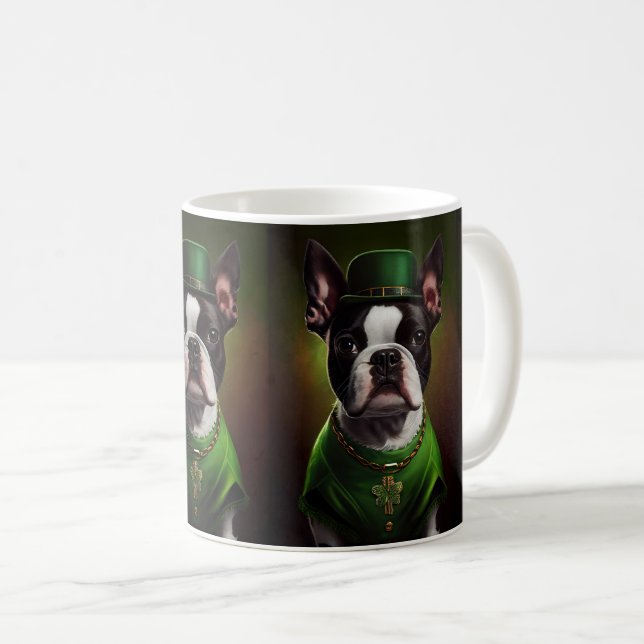 Boston Terrier hund i St. Patrick Dress Kaffemugg (Framsida höger)