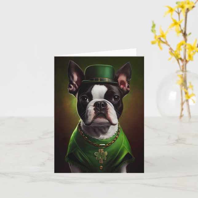 Boston Terrier hund i St. Patrick Dress Kort (Gul blomma)