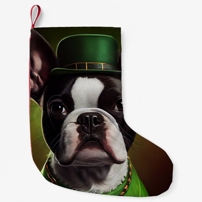 Boston Terrier hund i St. Patrick Dress Liten Julstrumpa (Framsidan)