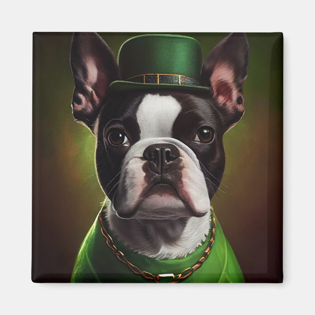 Boston Terrier hund i St. Patrick Dress Magnet (Framsidan)