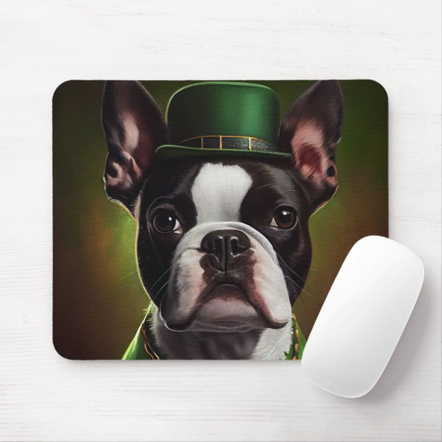 Boston Terrier hund i St. Patrick Dress Musmatta (Med mus)