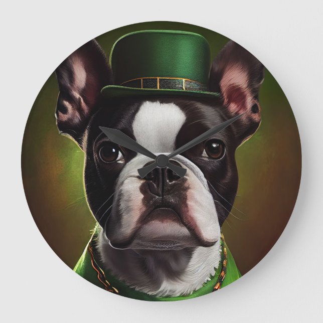 Boston Terrier hund i St. Patrick Dress Stor Klocka (Framsida)